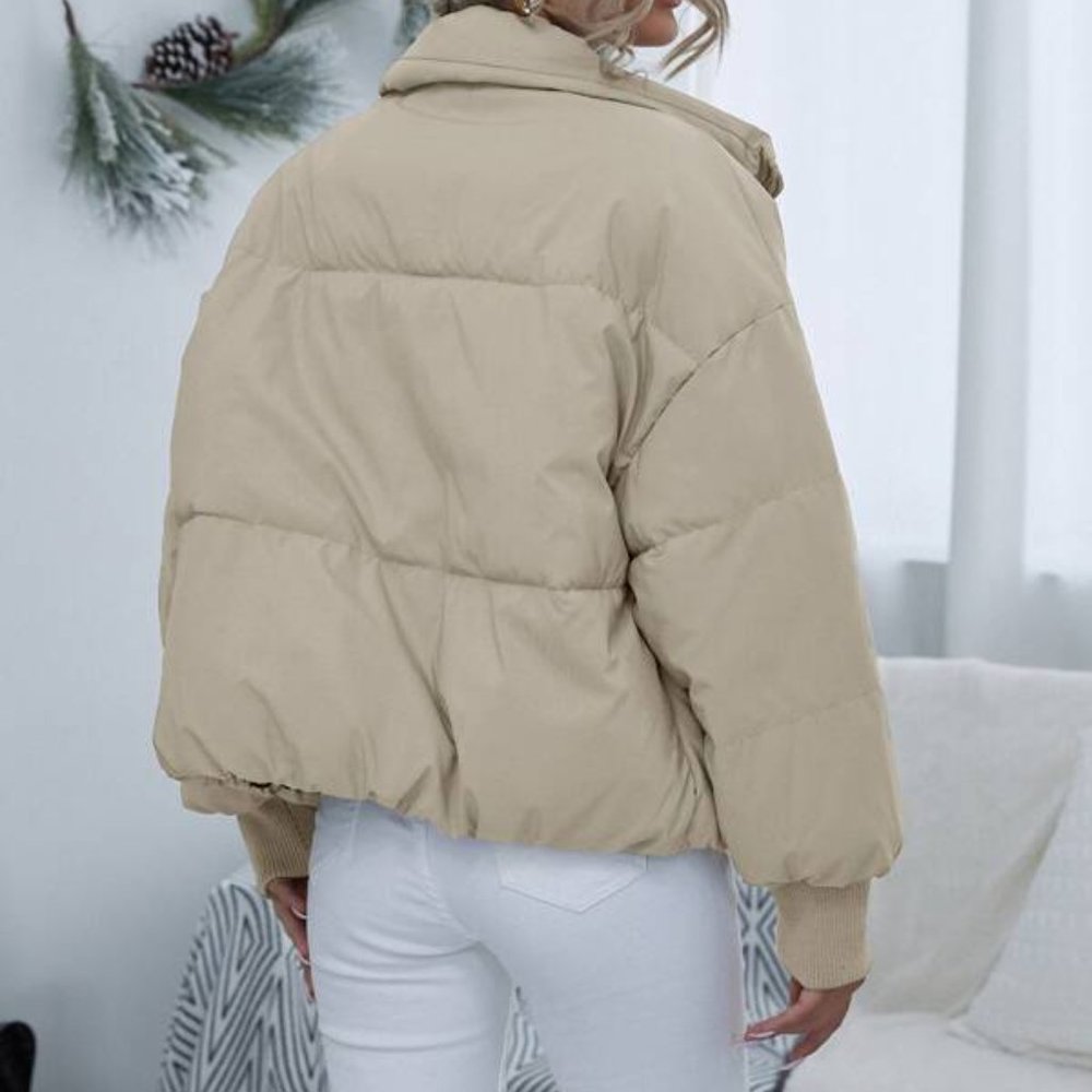 Contemporary Puffer Coat - light tan khaki - Picture 5 of 8